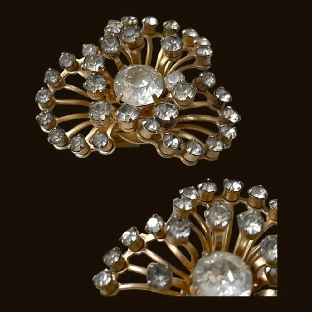 Vintage Rhinestone Atomic Starburst Kramer Earrings Gold Toned Clip On Signed